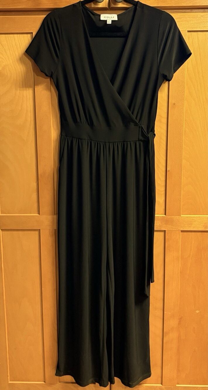 Gilli Romper Pant Suit Black Sz Small Short Sleeve Elastic Waist Pockets Belt